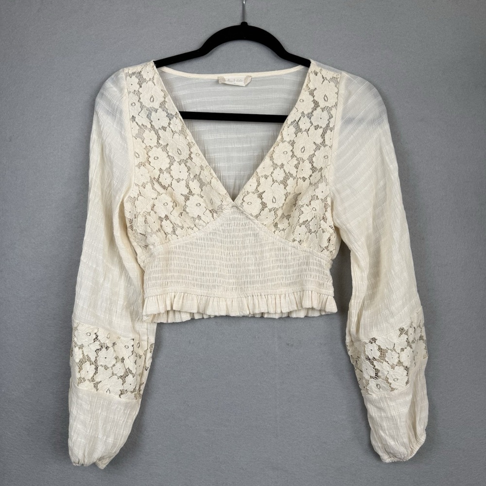 Womens S‎ Cream Cropped Smocked Crocheted Balloon Sleeve Cottagecore Top